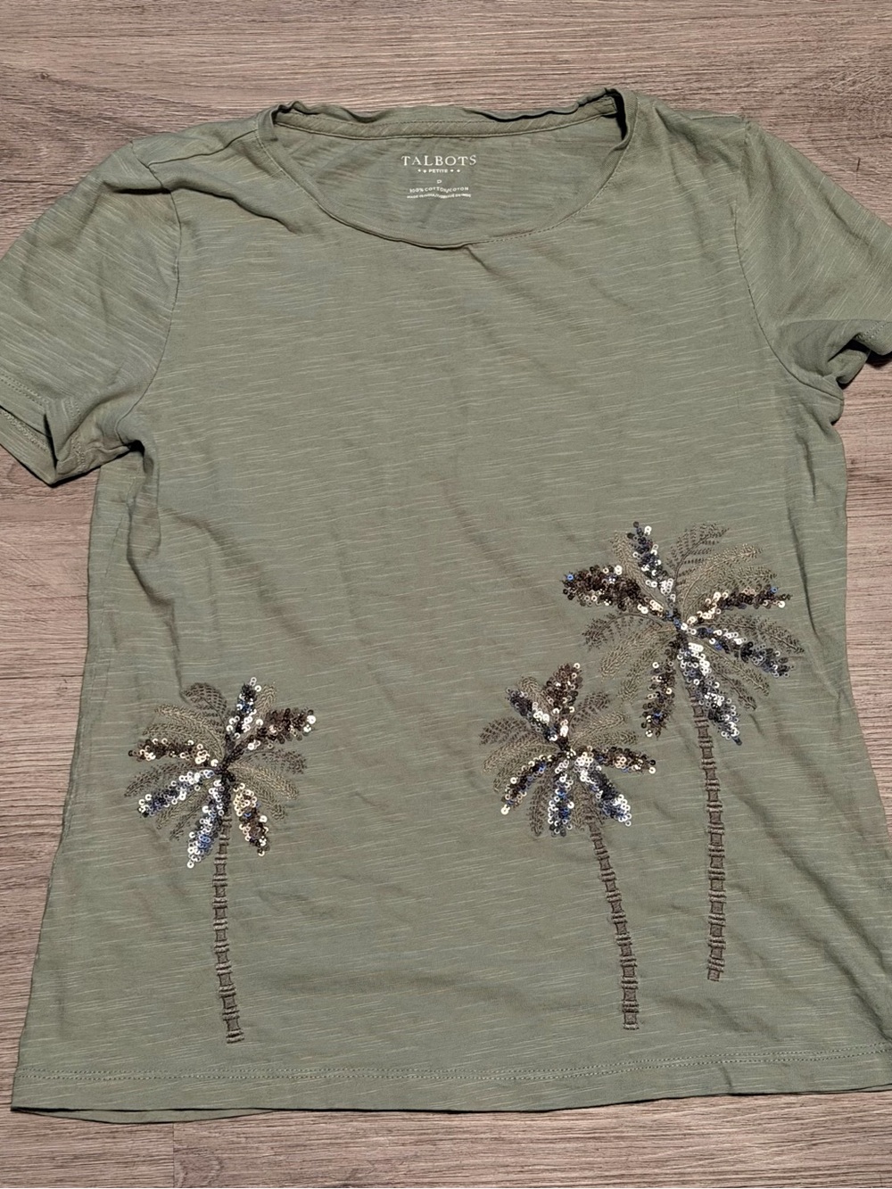 Talbots Olive Green Sequin Palm Short Sleeve Tee